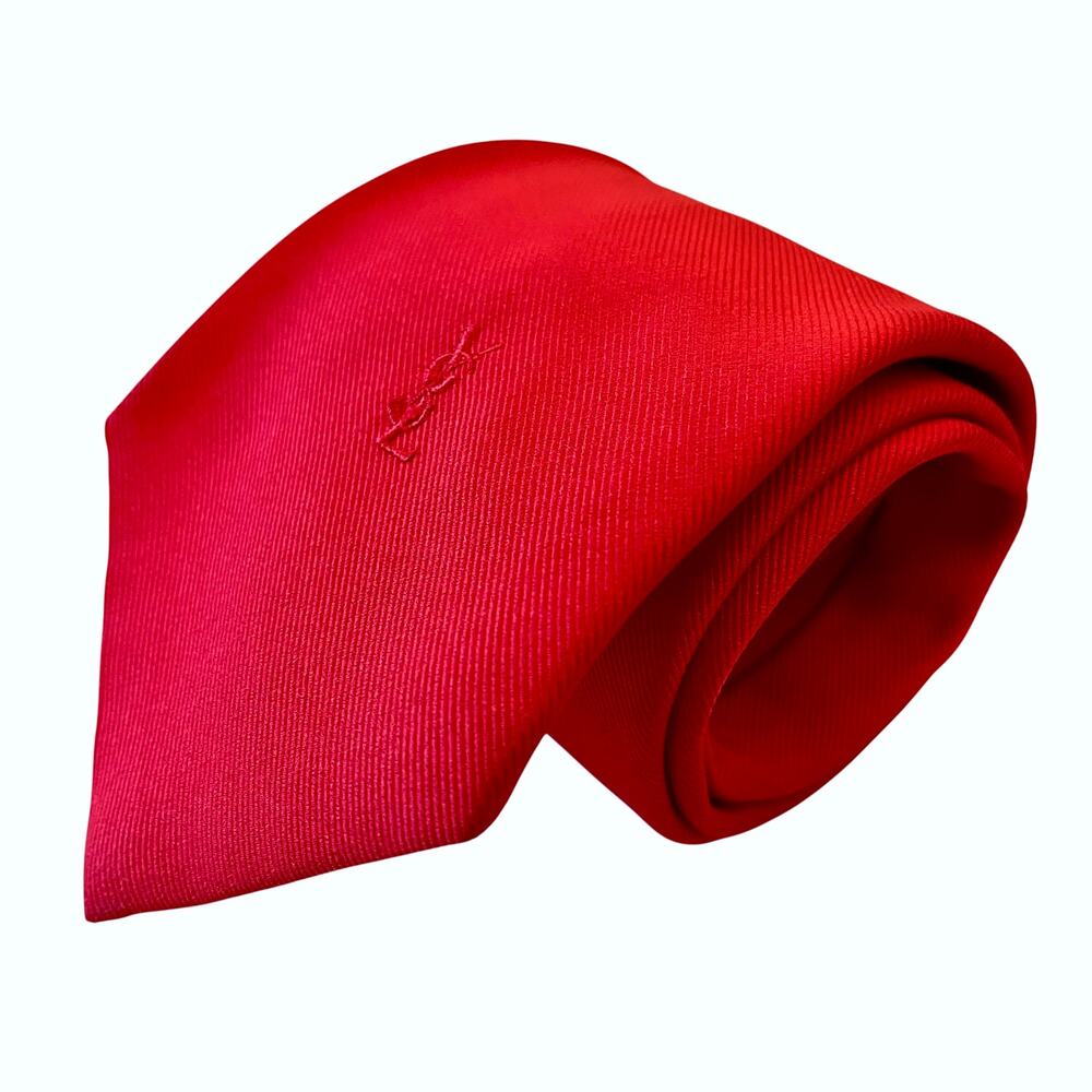 Yves Saint Laurent Vintage Red Twill Embroidered YSL Logo Necktie Tie